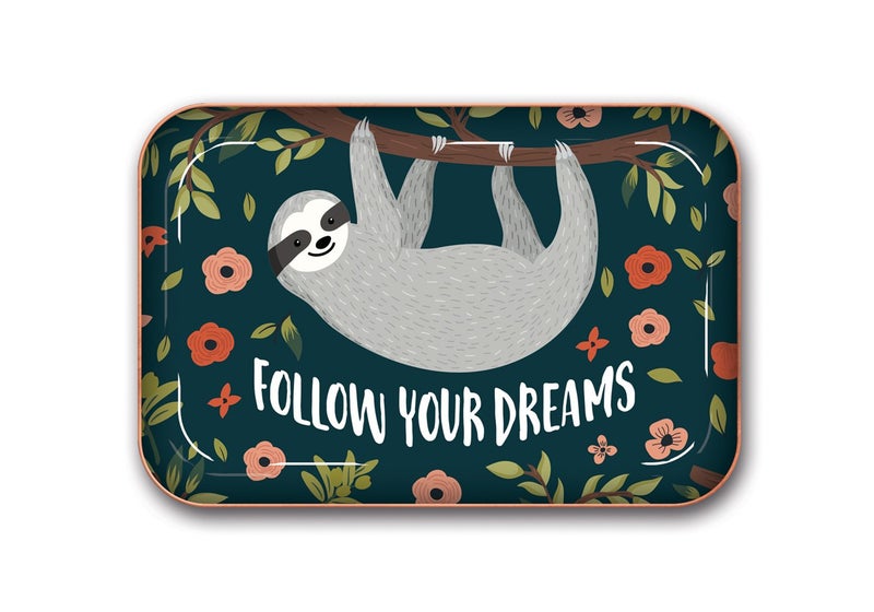 Studio Oh! Medium Metal Catchall Tray by Studio Oh! - Follow Your Dreams Sloth - 7" x 4.75" - Dish Tray with Unique Full-Color Artwork - Holds Jewelry, Change, Paperclips & Trinkets - Image 1